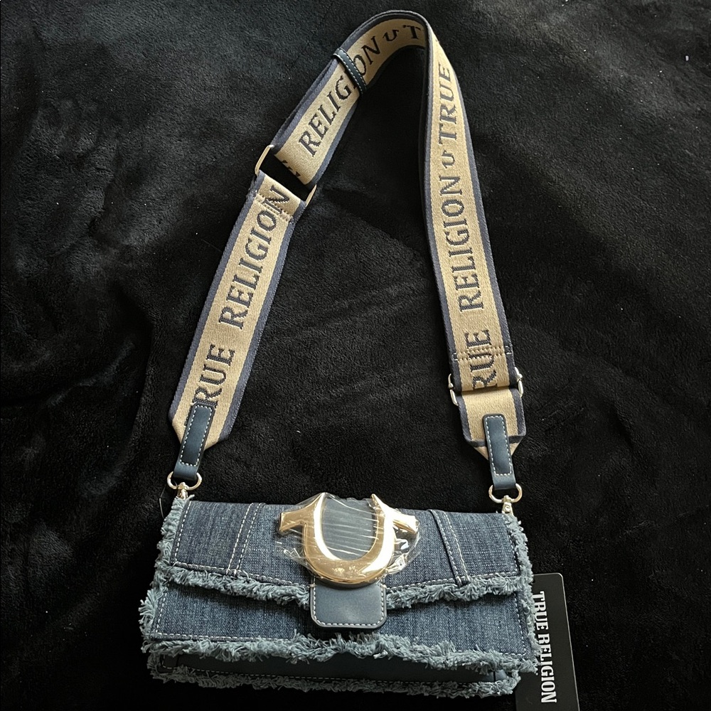 True Religion Blue Denim Bag with Gold Detail